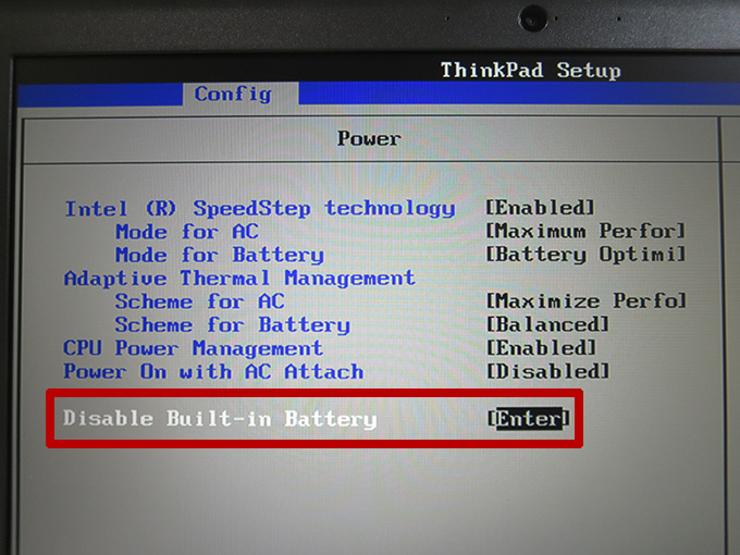 Disable Built-in Batteryを選択してエンターボタン