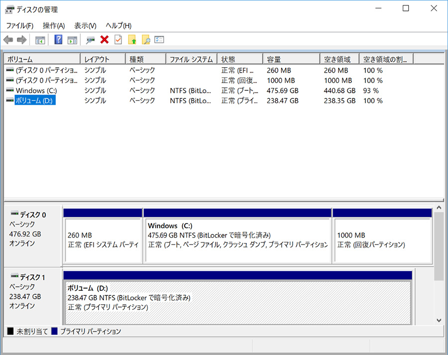 ThinkPad 25 ディスクの管理から2242 SSDが認識されてることを確認