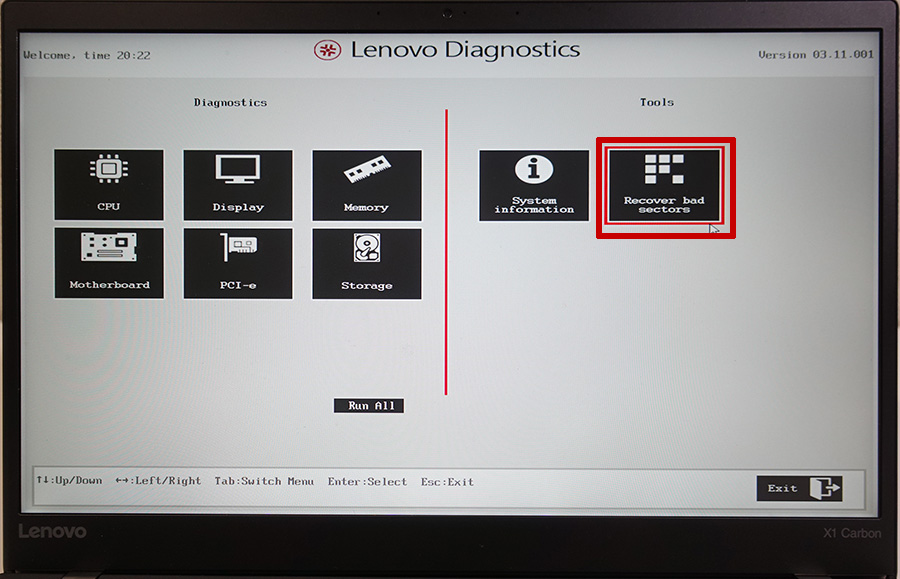 Lenovo Diagnosticsを立ち上げて 不良セクタを回復